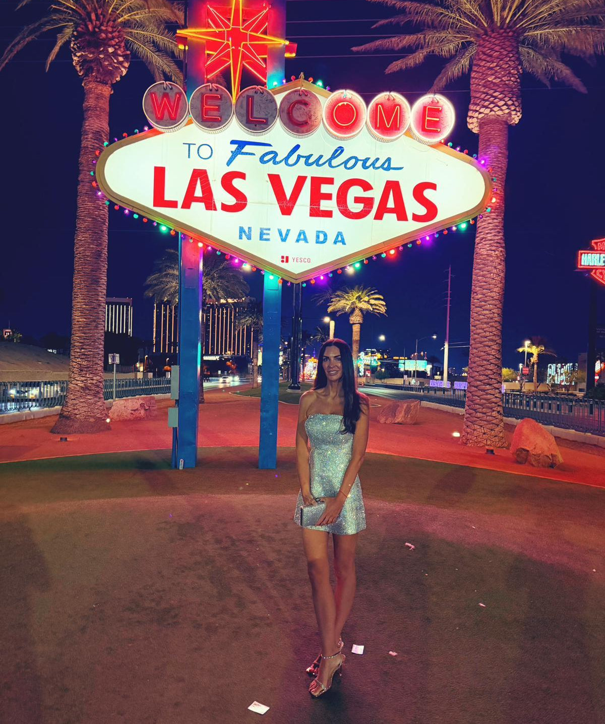 Girl in sparkling silver dress outside Las Vegas sign. Dress is a strapless mini dress covered in sparkles an diamantes. Girl carries a silver clutch bag and wears silver heels and poses in front of famous 'Welcome to Fabulous Las Vegas' sign.